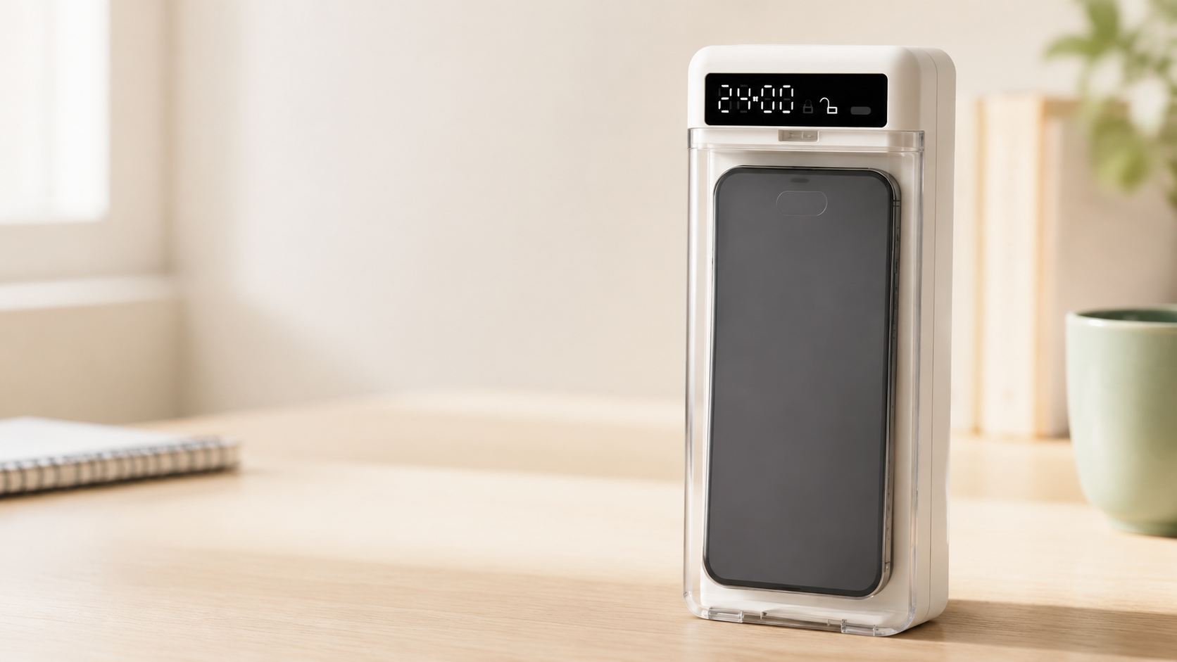 Moonlight White Focus Phone Lock Box on a calm desk