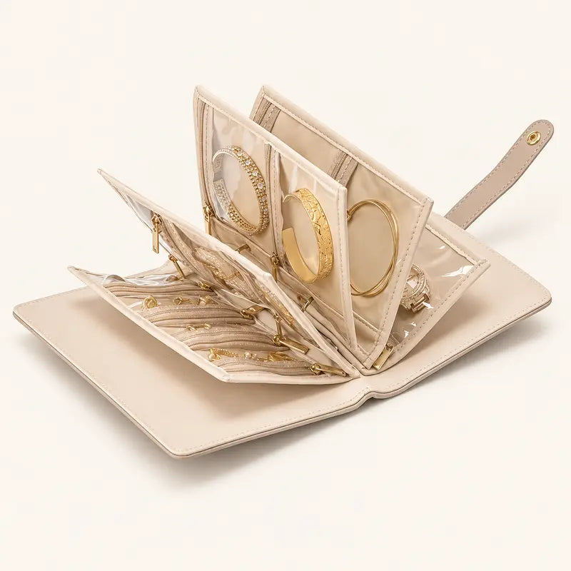 Beige jewelry organizer opened to show separate transparent pockets holding necklaces and bracelets